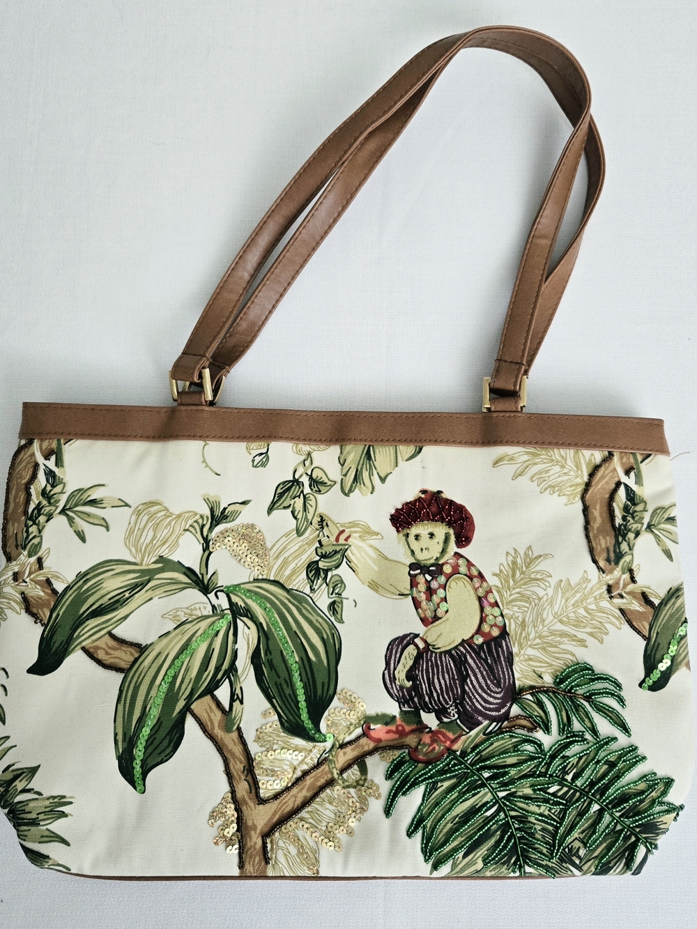 Cream Embroidered Tote with Brown Trim, Monkey/Jungle Motif w/Sequins, 12x15.5"